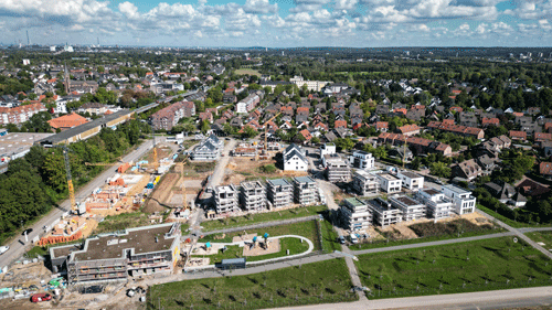 Luftaufnahme vom Bau des Wohngebiets Am Alten Angerbach in Duisburg-Huckingen