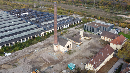 Luftaufnahme vom Bau der neuen Energiezentrale in Duisburg-Wedau