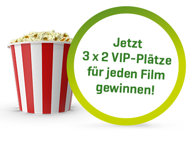 Gestreifter Popcorn-Becher mit Gewinnspielhinweis Gestreifter Popcorn-Becher mit Gewinnspielhinweis