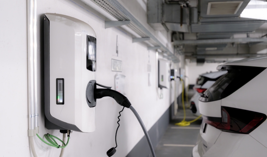 Autos werden an Wallboxen in Tiefgarage geladen